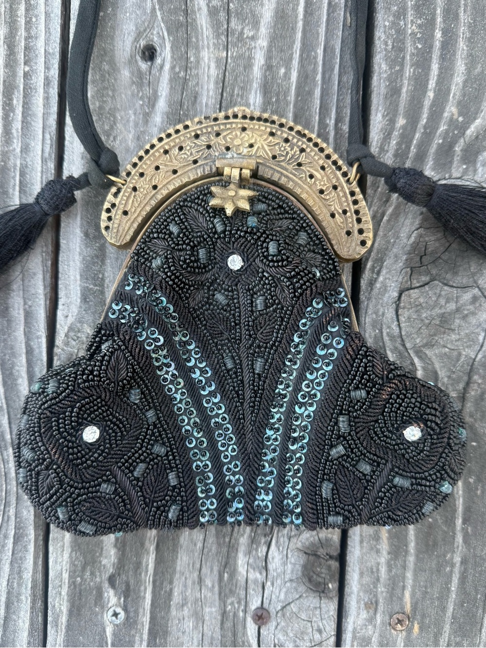Vintage crossbody beaded bag with brass frame